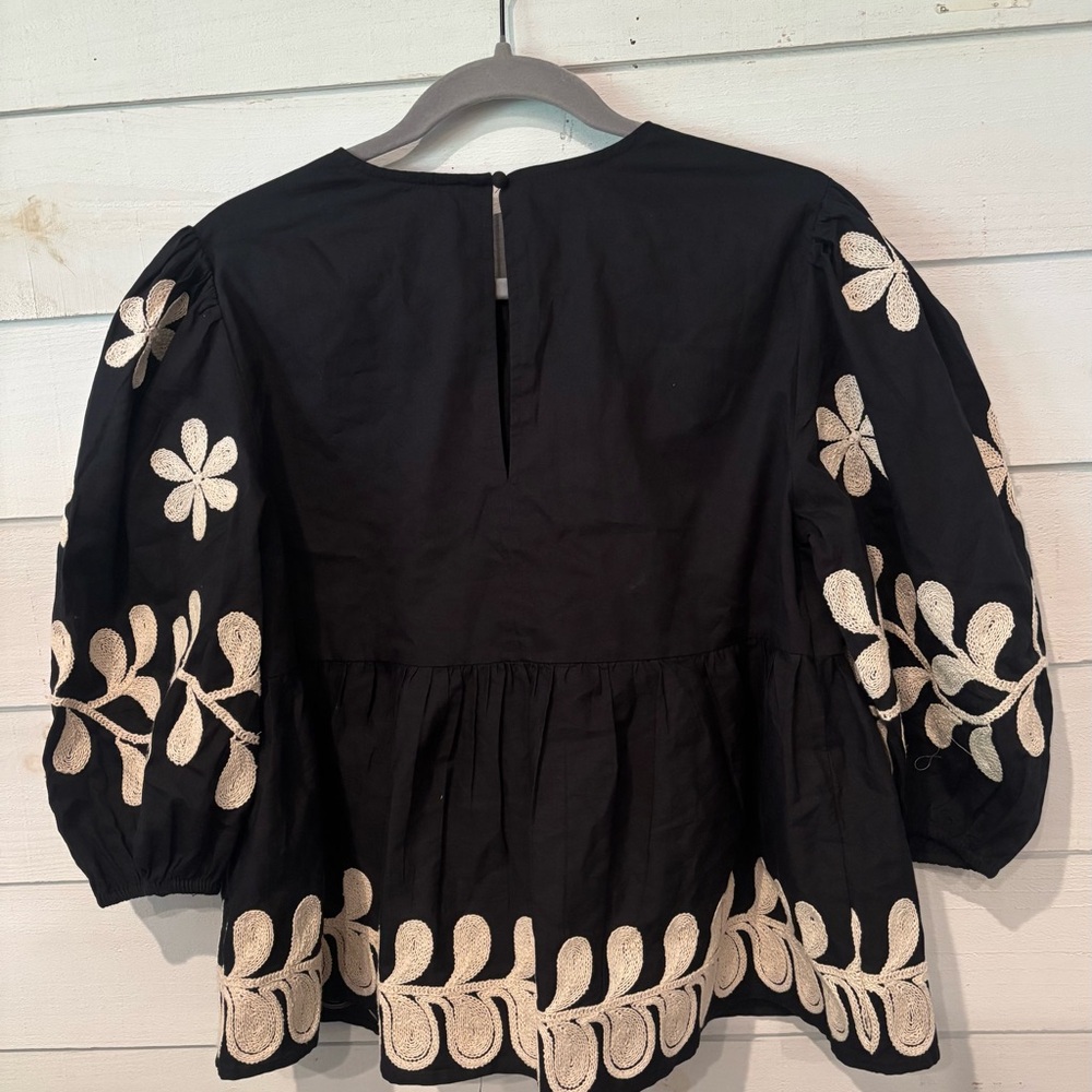 Anthropologie Black Peplum Blouse with Cream Floral Embroidery - Picture 12 of 13